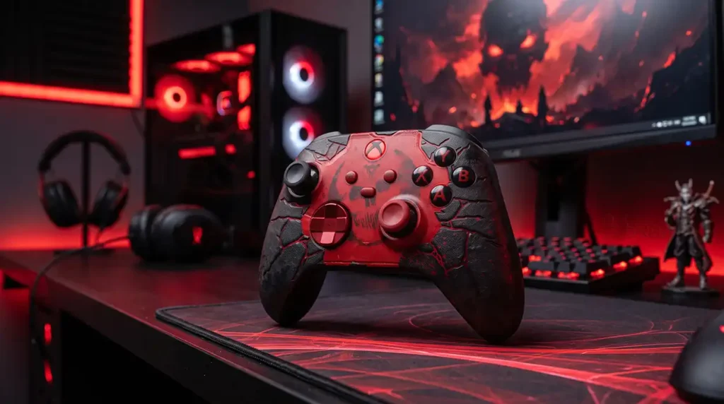 طرح هنری کنترلر بی‌سیم ایکس‌باکس نسخه Gears of War: E-Day همراه رایانه بهسان